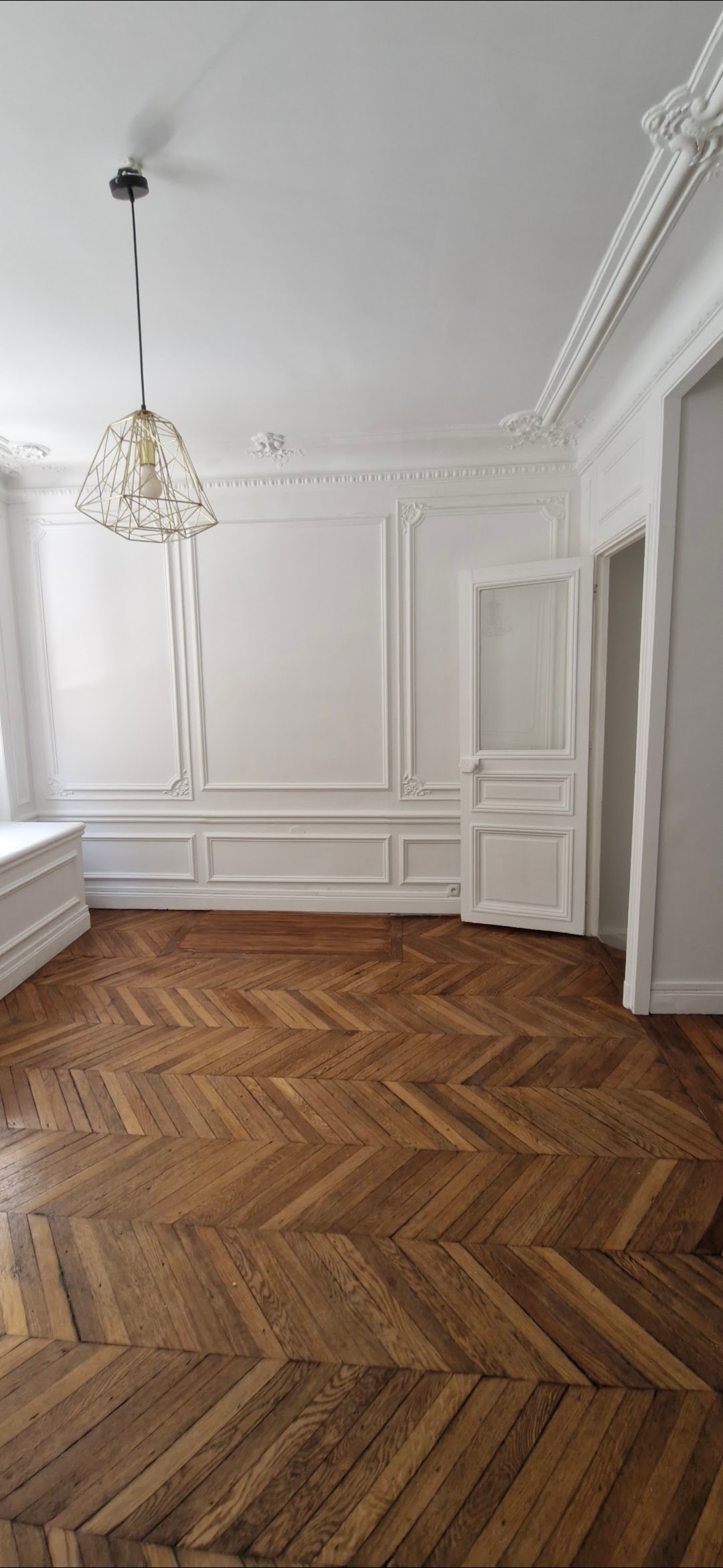 Appartement parisien rénové, moulures et parquet en point de Hongrie